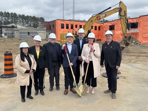 Municipal reps Ethel LaValley, Mary Blank, County Warden Peter Emon, MPP Billy Denault, John Yakabuski, SFMH CEO Suzanne Madore and James Brose were on hand to celebrate the construction.